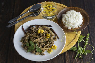 High angle view of meal served on table