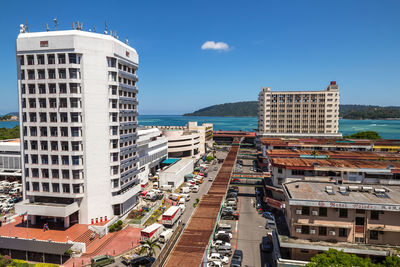 High angle view of buildings against sky in city