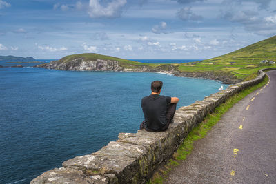 Rear view of man looking at sea against sky