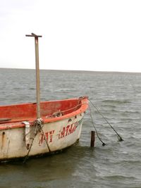 Close-up of boat on sea against clear sky
