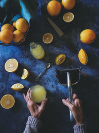 High angle view of hand holding fruits