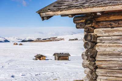 Dream huts on the alpe di siusi. in the white. dolomites, italy