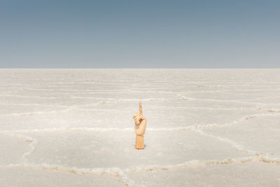 Wooden hand pointing on salt flat against clear sky