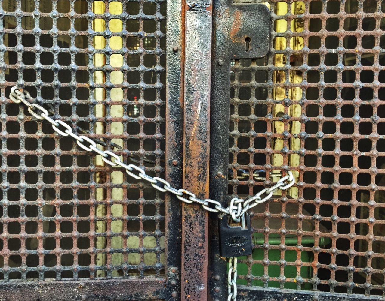 metal, metallic, protection, safety, security, rusty, fence, close-up, chainlink fence, old, full frame, metal grate, pattern, chain, outdoors, padlock, lock, no people, backgrounds, focus on foreground