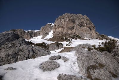 Scenic view of snowcapped mountains against clear blue sky