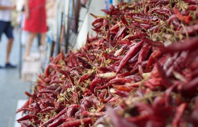 Close-up of red chili peppers for sale in market