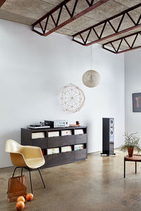 Industrial interior with stereo, turntable and vinyl record storage