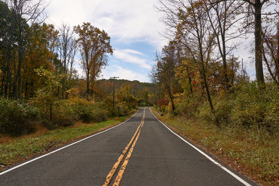 Empty road amidst trees against sky