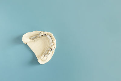 Close-up of dentures against blue background