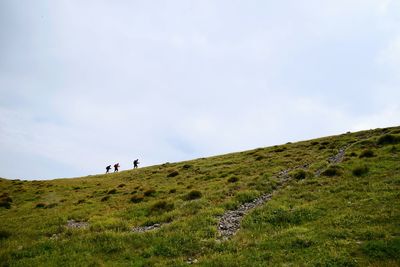 Low angle view of hikers on mountain against sky