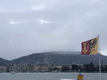 Scenic view of lake by buildings against sky