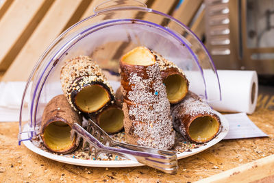 Close-up of dessert served on table