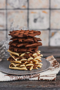 Close-up of stack on table