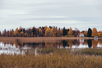 Scenic view of lake against sky during autumn