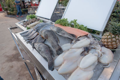High angle view of fish for sale in market