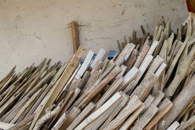 High angle view of wood on wall