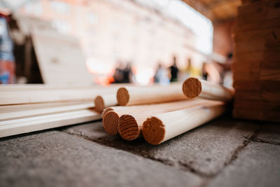 Close-up of wooden work tools at workshop