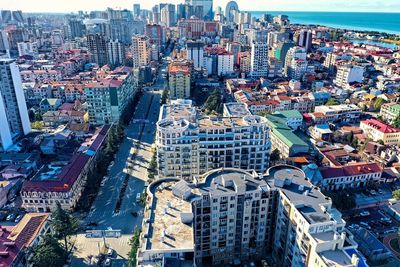 High angle view of modern buildings in city