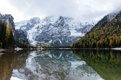 Scenic view of lake by trees against sky