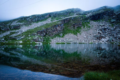 Scenic view of lake by mountains against sky