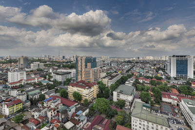 High angle view of buildings against sky