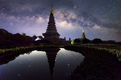 Low angle view of temple against sky at night