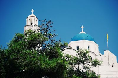 Low angle view of trees and building against blue sky