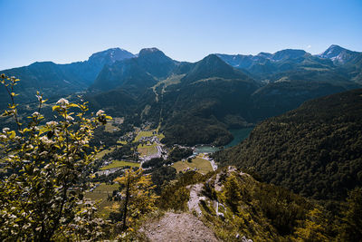 View from grünstein to lake königssee on a sunny summer day