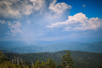 Trees and mountains against cloudy sky