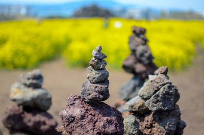 Close-up of stack of rocks on field