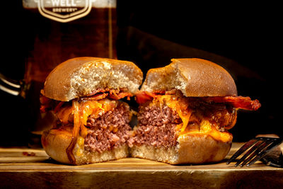 Close-up of burger on table