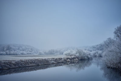 Scenic view of lake against clear sky during winter