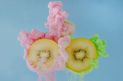 Slice kiwi fruits dissolving with pink and green poster color in water for summer  concept.