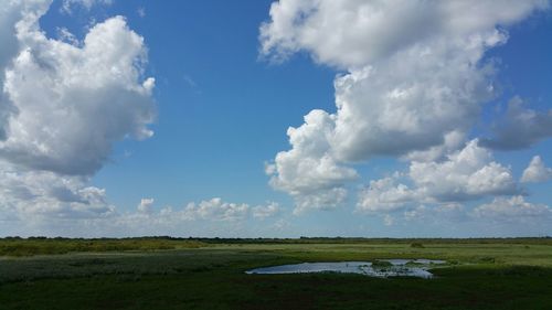 Scenic view of grassy field against cloudy sky