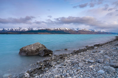 Scenic view of lake against sky. scenic  view new zealand southern alps from lake pukaki east bank