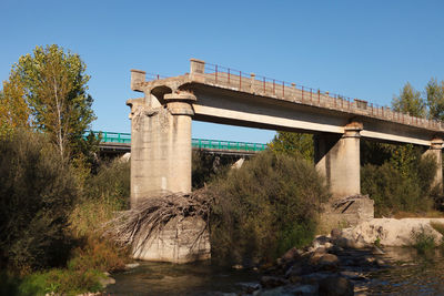 Bridge over river against clear blue sky