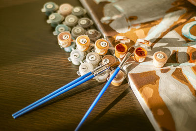 High angle view of multi colored pencils on table