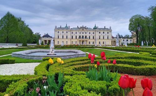 Branicki palace in bialystok. view from the gardens. blooming flowers in the palace garden