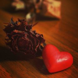 Close-up of red wine on wooden table