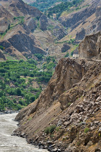 Aerial view of landscape with mountain range in background