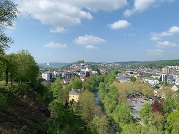 High angle shot of townscape against sky