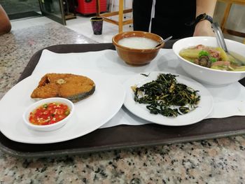 High angle view of meal served on table