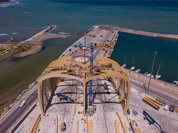 High angle view of city by sea