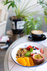 High angle view of breakfast served on table