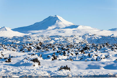 Scenic view of snow covered mountains against sky