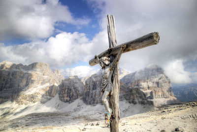 Dolomites, detail of the crucifix of the tofane mountain group, a unesco world heritage 