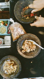 High angle view of person preparing food