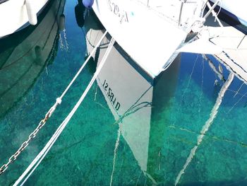 Close-up of boats moored in swimming pool
