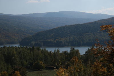 Scenic view of lake and mountains against sky