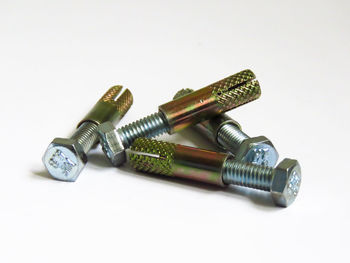 High angle view of machine part on white background